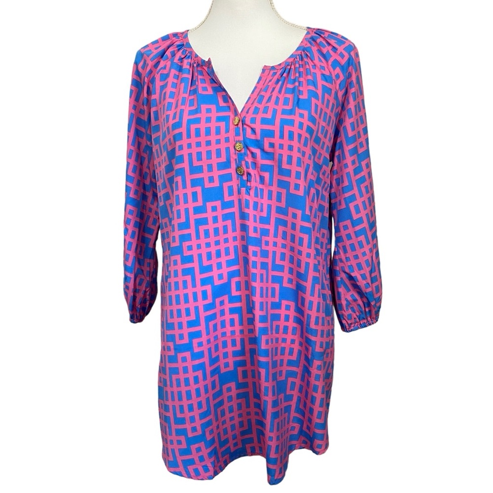 Mud Pie Women's Small (4-6) Tunic Dress Geometric Print Split Neck 3/4 Sleeves
